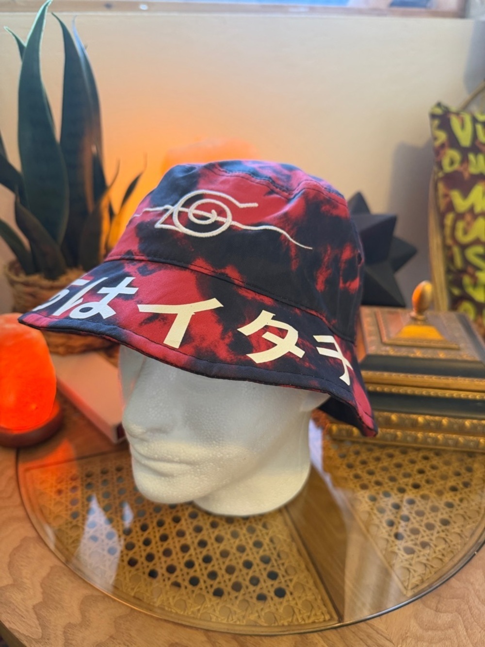 Red and Black Tie-Dye Bucket Hat with White Graphic